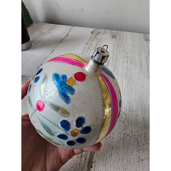 Antique flower ball mercury ornament glass blue yellow striped flocked - Picture 8 of 8